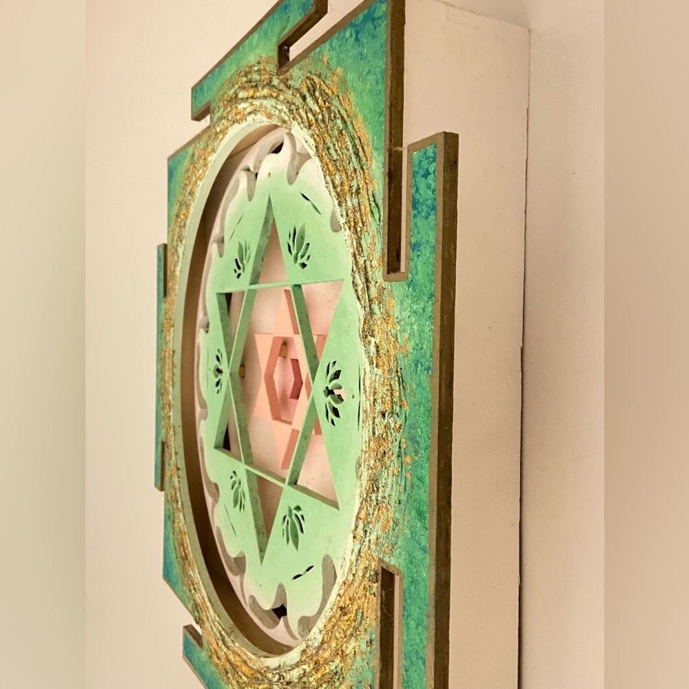 🌸 MOVING SALE 🌸 Geometric Mandala Wooden Wall Art in Green and Pink, Yoga studio - Picture 2 of 5